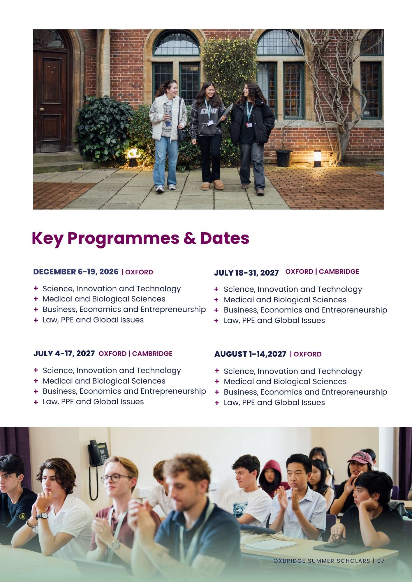 Key dates for the Oxbridge Summer Scholars 2027 programmes, including summer and winter programme schedules.