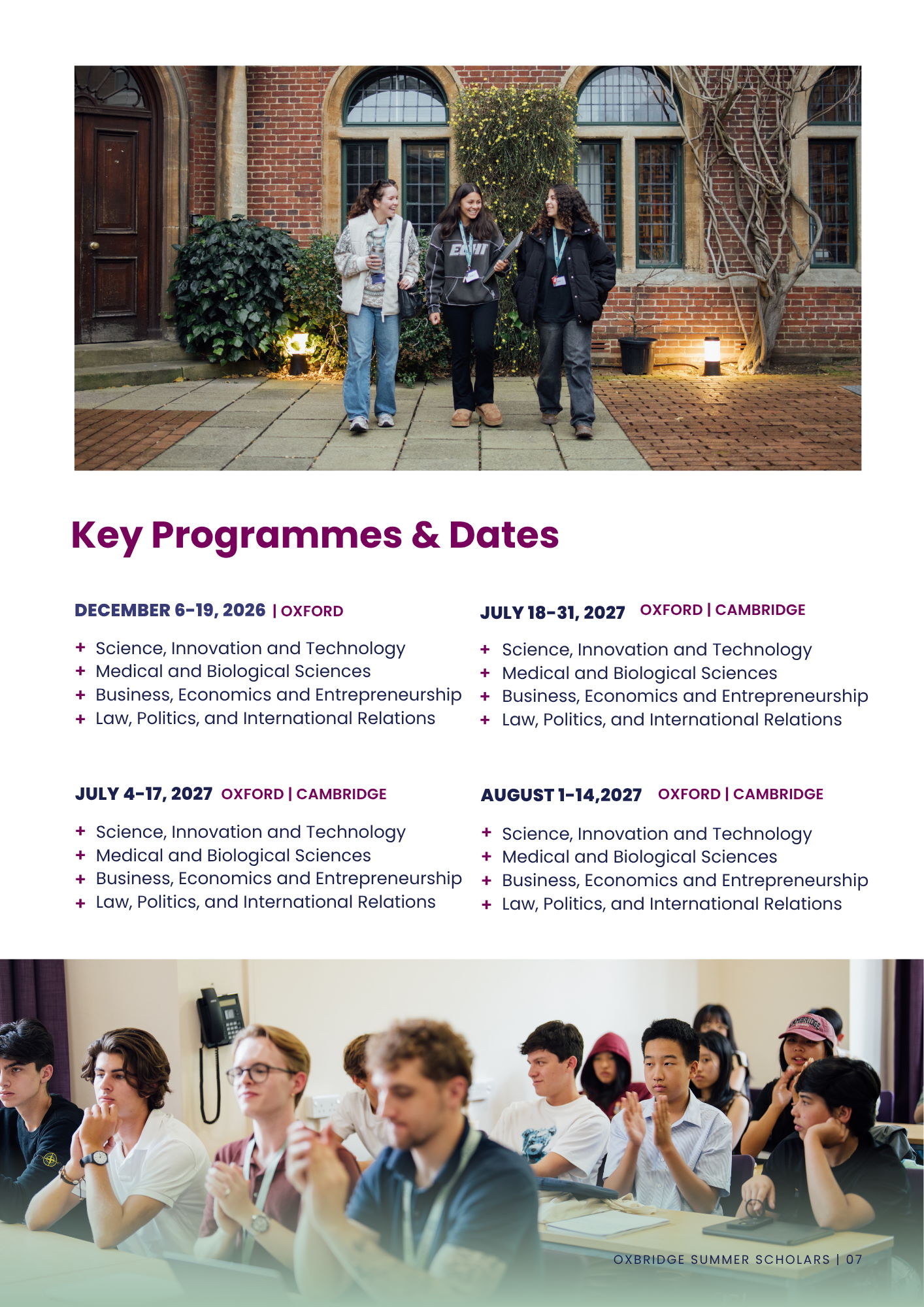 Key dates for the Oxbridge Summer Scholars 2027 programmes, including summer and winter programme schedules.