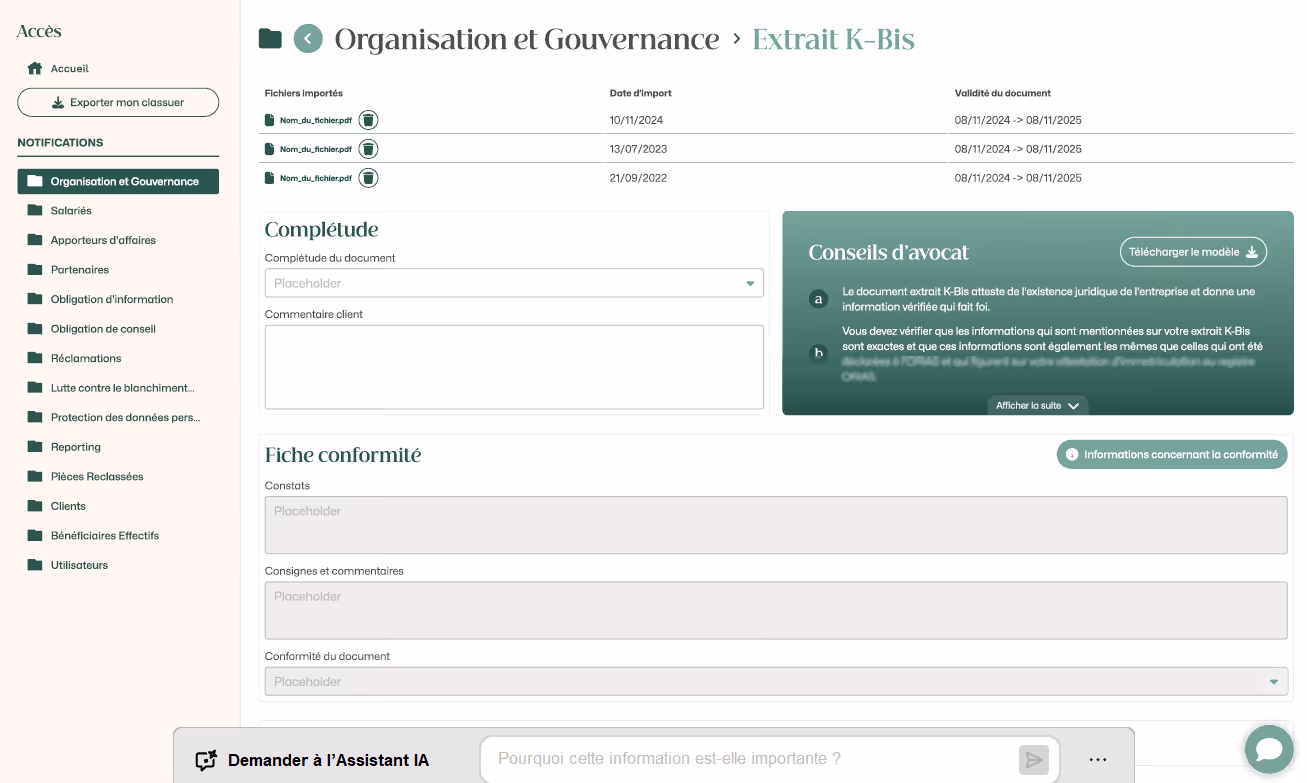 Page document Classeur Conformité