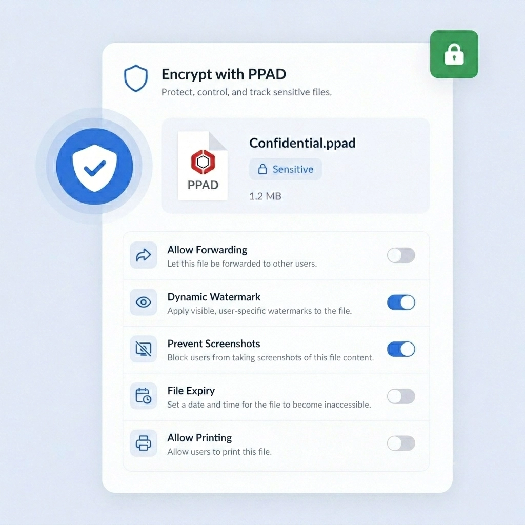 Interface for encrypting a sensitive file with PPAD showing options like watermark, screenshot prevention, and printing.