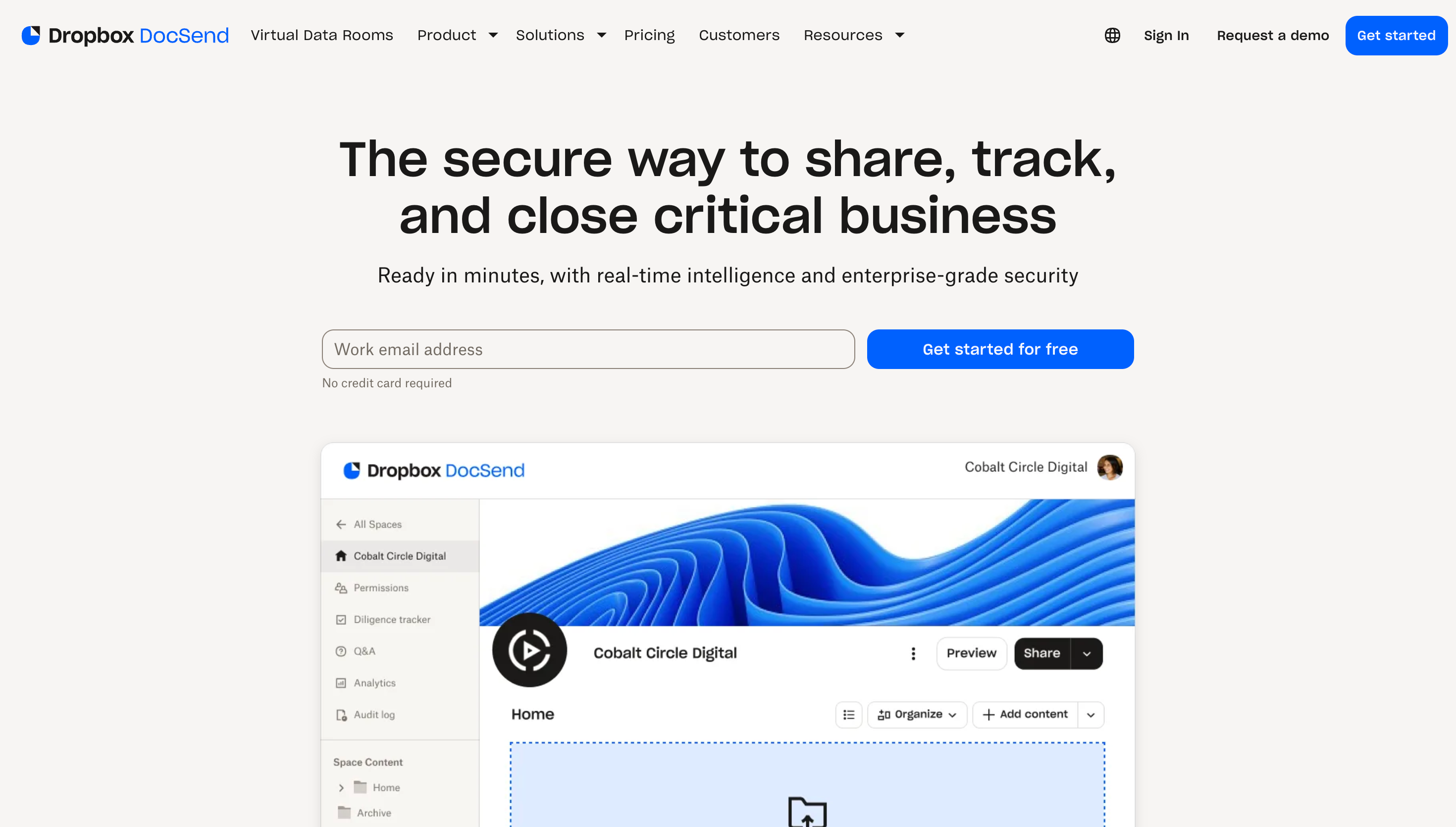 Dropbox DocSend homepage screenshot for document security software
