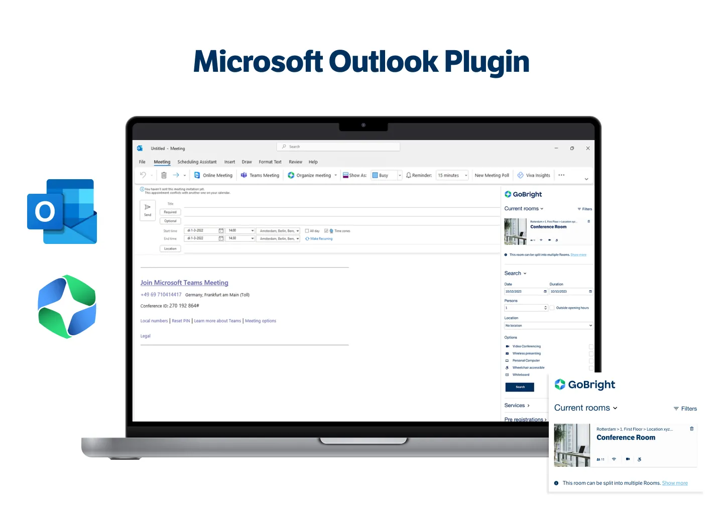 Scherm van een laptop met Microsoft Outlook plugin voor het boeken van vergaderruimtes, inclusief GoBright interface en Outlook en GoBright logo's.