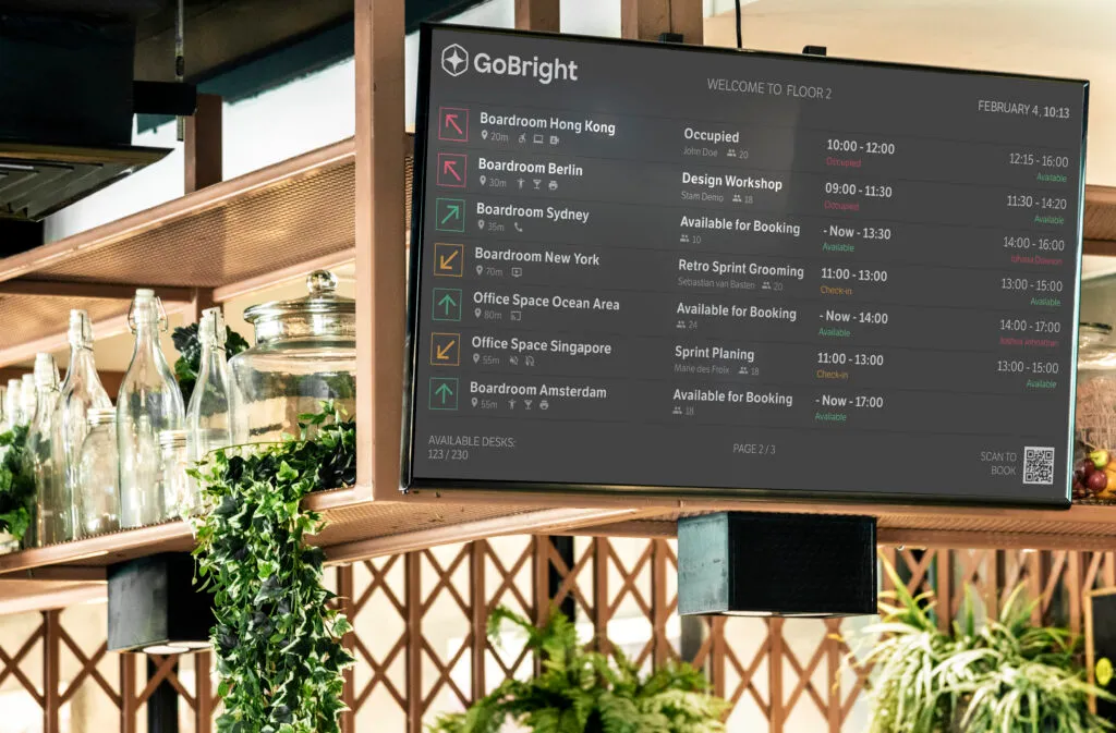 Digitaal scherm met vergaderzaal reserveringen voor Boardroom Hong Kong, Berlin, Sydney, New York, Office Space Ocean Area, Singapore en Boardroom Amsterdam, inclusief beschikbaarheidstijden en QR-code om te boeken.