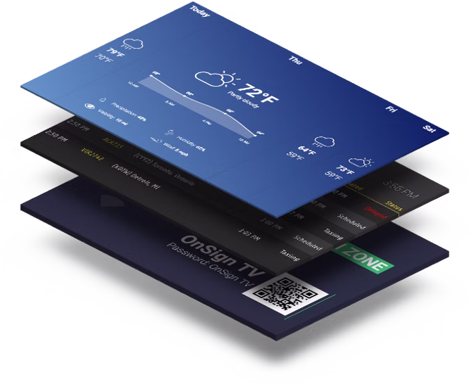 Drie zwevende digitale schermen die weersvoorspelling en tv-inloggegevens tonen.