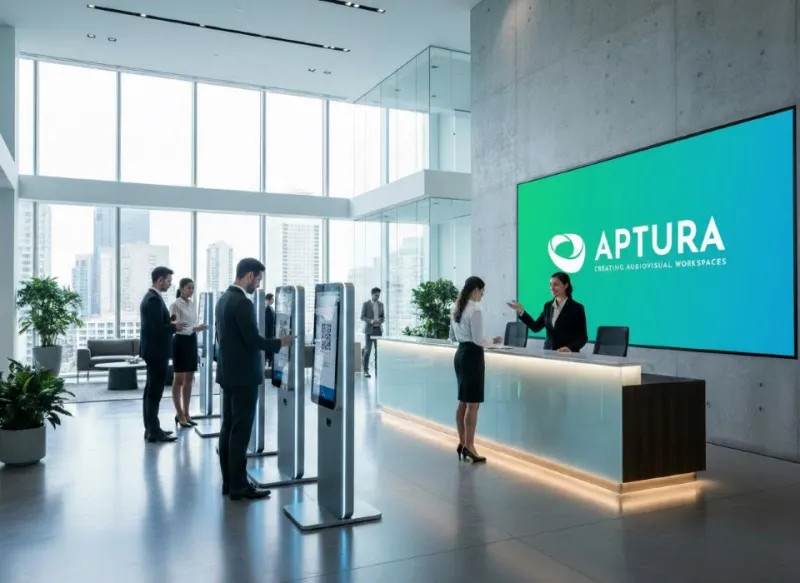 Moderne kantoorreceptie met mensen die kiosken gebruiken voor bezoekersregistratie en logo van Aptura op groot scherm.