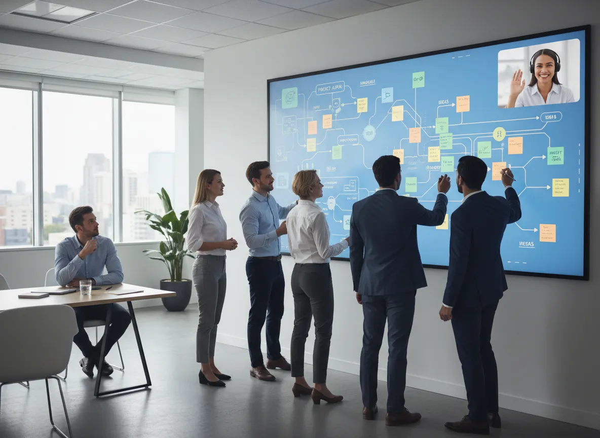 Vijf zakelijke mensen in een moderne vergaderruimte gebruiken een digitale whiteboard voor een brainstormsessie, terwijl een persoon op afstand deelneemt via een videochat in de rechterbovenhoek van het scherm.