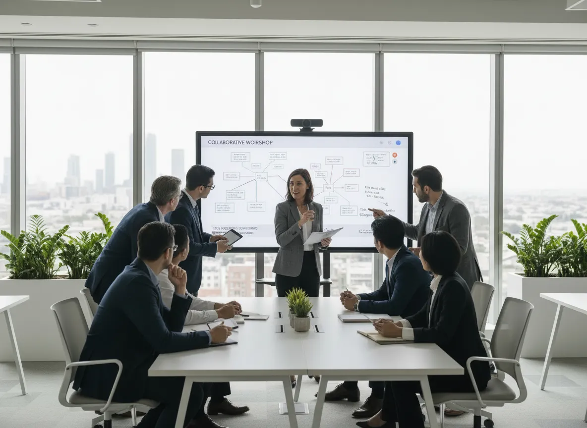 Een groep zakenmensen in een vergaderruimte met grote ramen, die een presentatie bijwonen bij een digitaal whiteboard met een stroomdiagram.