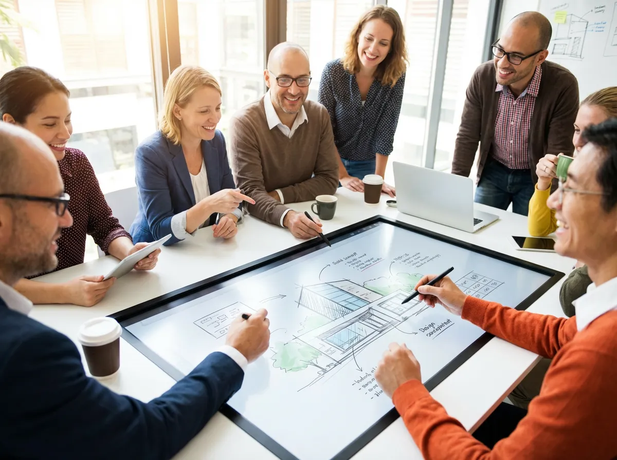 Zeven medewerkers die samenwerken rond een digitale tafel met een bouwplan op het scherm, terwijl ze elkaars opmerkingen bespreken.