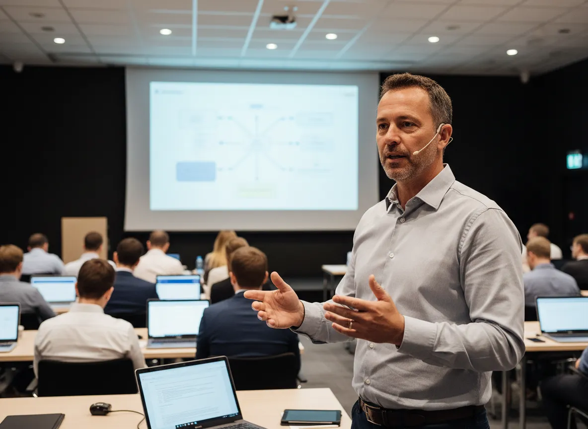 Een man met een headset geeft een presentatie aan een groep mensen in een zaalsituatie met laptops en een projectiescherm op de achtergrond.