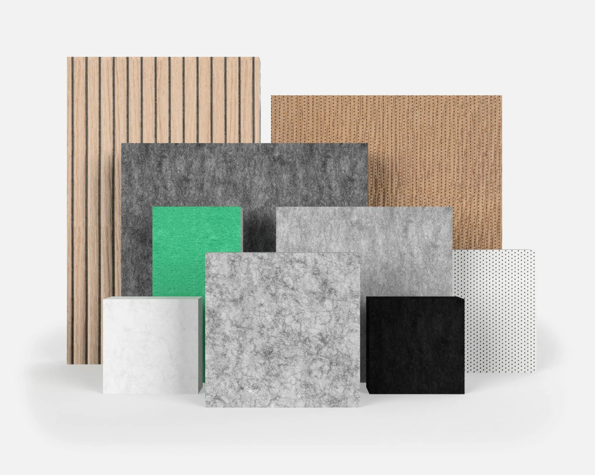 Verschillende akoestische panelen in diverse kleuren, texturen en patronen, gerangschikt tegen een witte achtergrond.