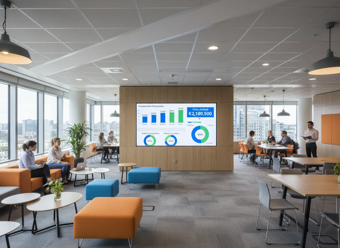 Moderne kantoorruimte met medewerkers die samenwerken bij grote ramen en een scherm met financiële grafieken aan de houten wand.