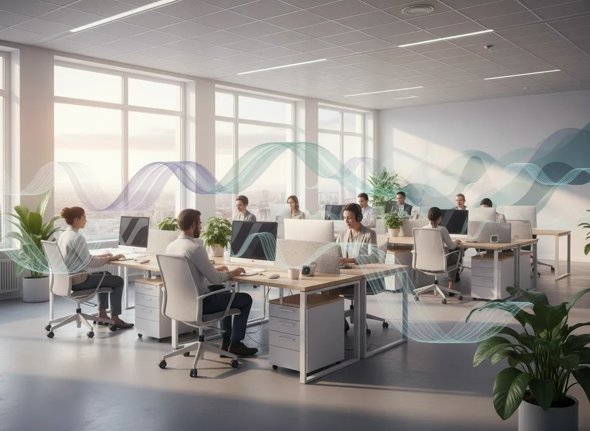 Kantoorruimte met meerdere mensen die aan hun bureaus werken, omgeven door planten en transparante geluidsgolven die geluiddemping symboliseren.