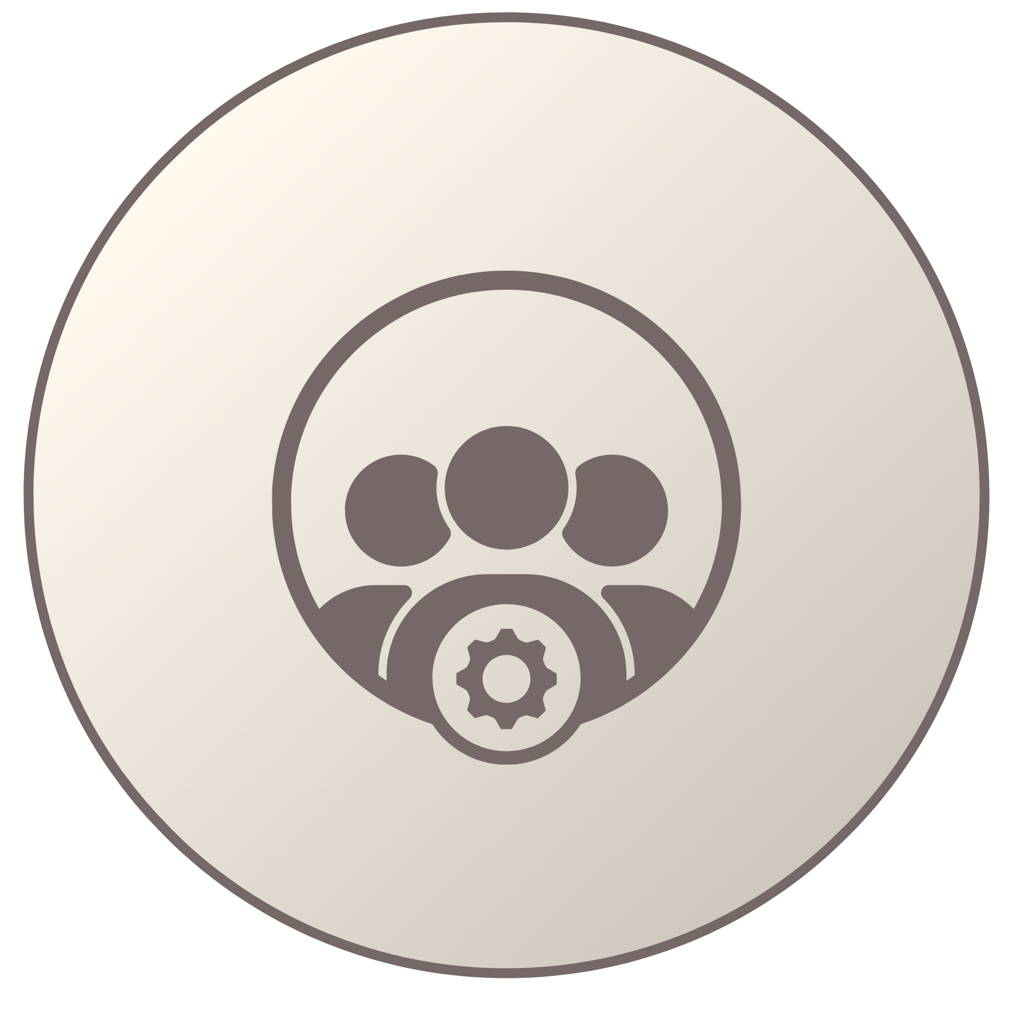 Icon of three people with a gear symbol representing user settings or group management inside a circular beige background.