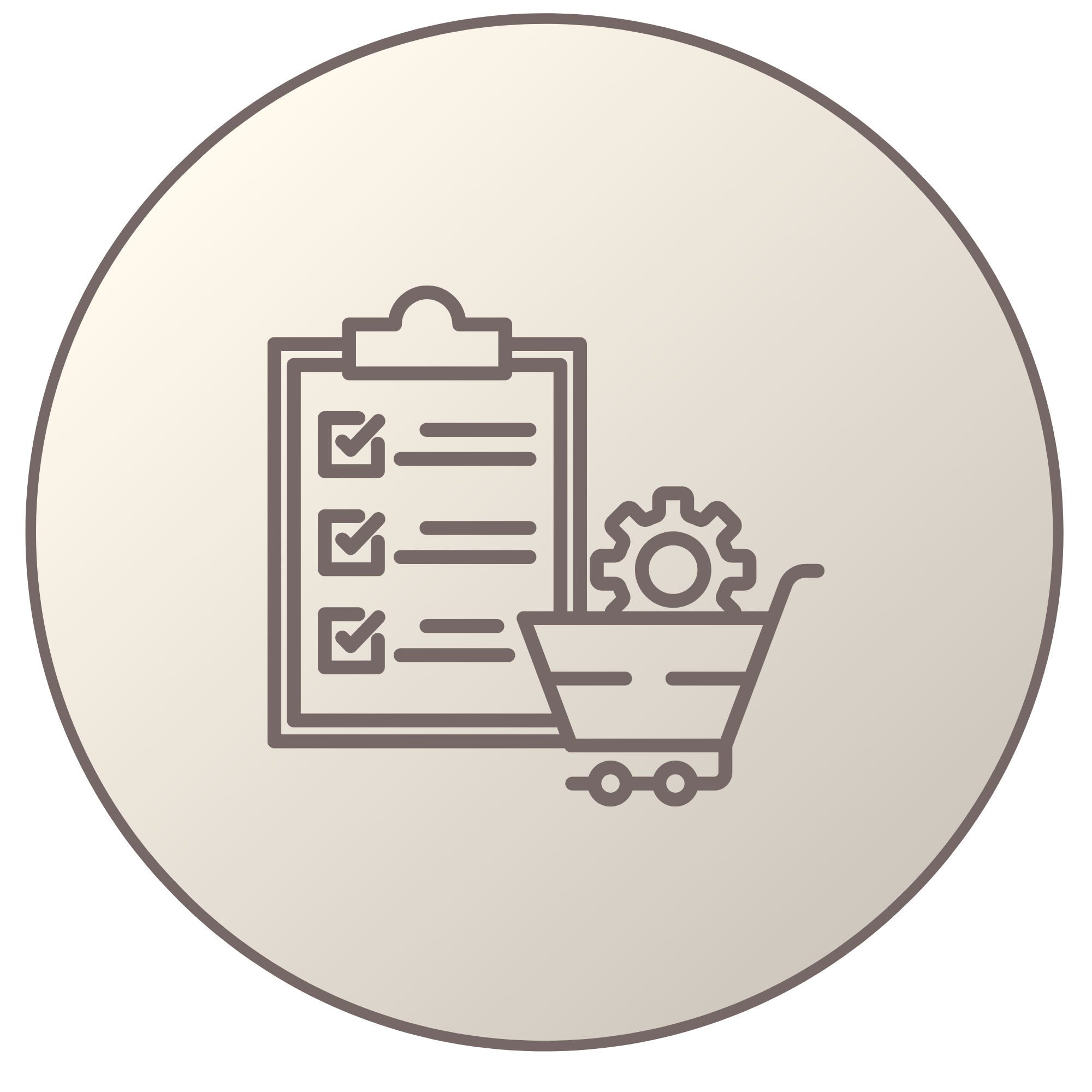 Checklist with three checked items next to a shopping cart holding a gear icon, inside a beige circular background.