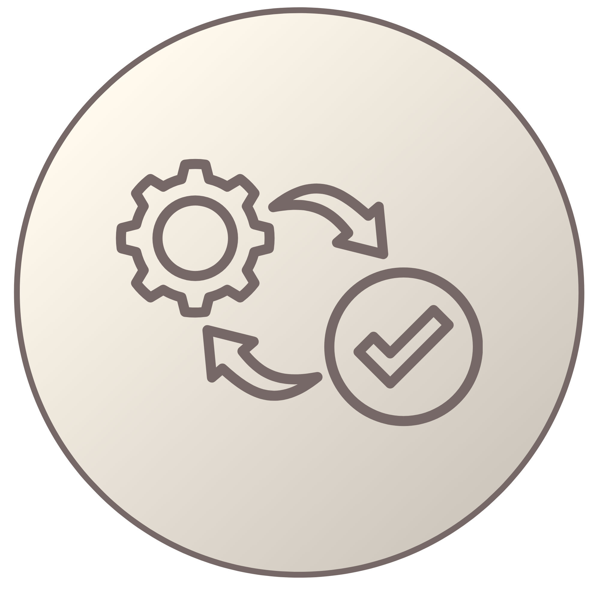 Circular icon with a gear, a checkmark inside a circle, and two curved arrows forming a cycle between them.