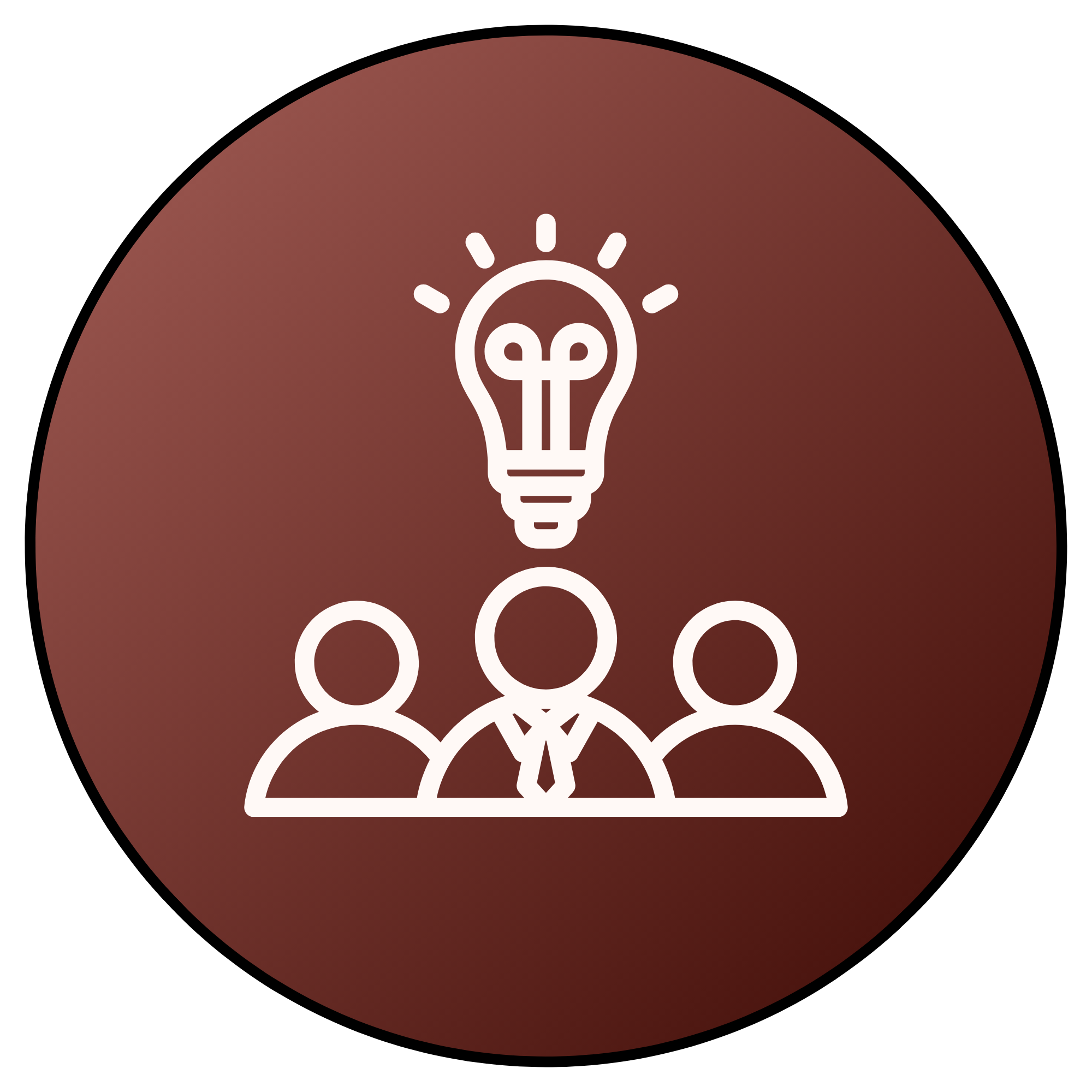 Icon of three people with one wearing a tie and a glowing light bulb above them representing teamwork and ideas.