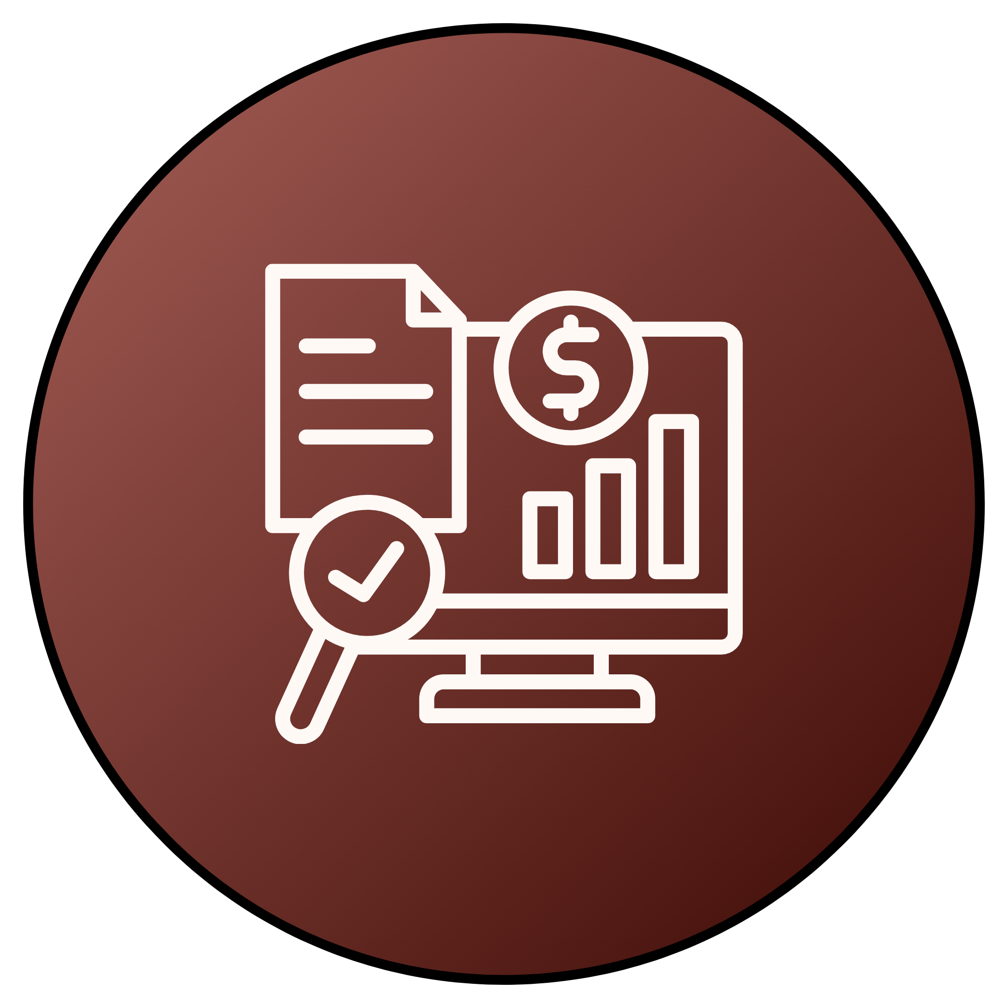 Icon of a computer screen displaying a bar chart with a dollar sign, a document, and a magnifying glass with a check mark, set on a round maroon background.