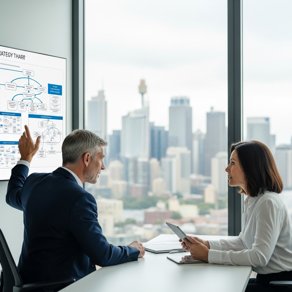 Man in suit explaining a strategy diagram on a screen to a woman holding a tablet in a modern office with city skyline view.