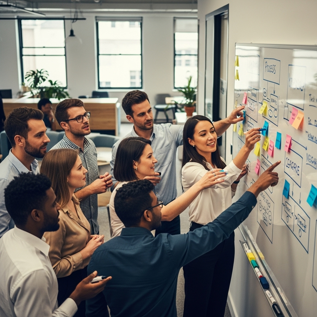 A diverse group of seven professionals collaborating and placing sticky notes on a whiteboard covered with diagrams and flowcharts in an office.