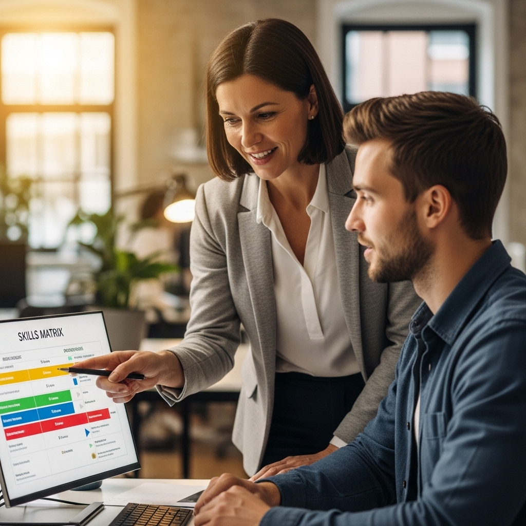 A woman in a gray blazer points at a skills matrix on a computer screen while a man in a blue shirt listens attentively in a modern office.