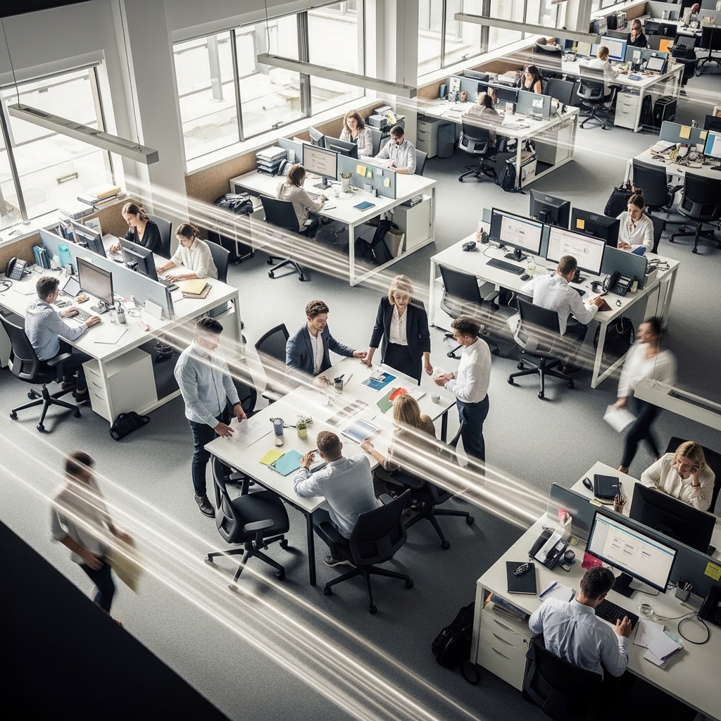 Modern open office with multiple employees working at desks and a group collaborating around a central table.