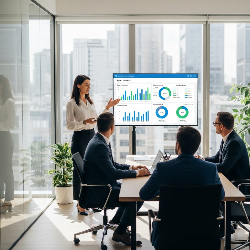 Businesswoman presenting spend analytics charts to three colleagues in a modern conference room with large windows overlooking city buildings.