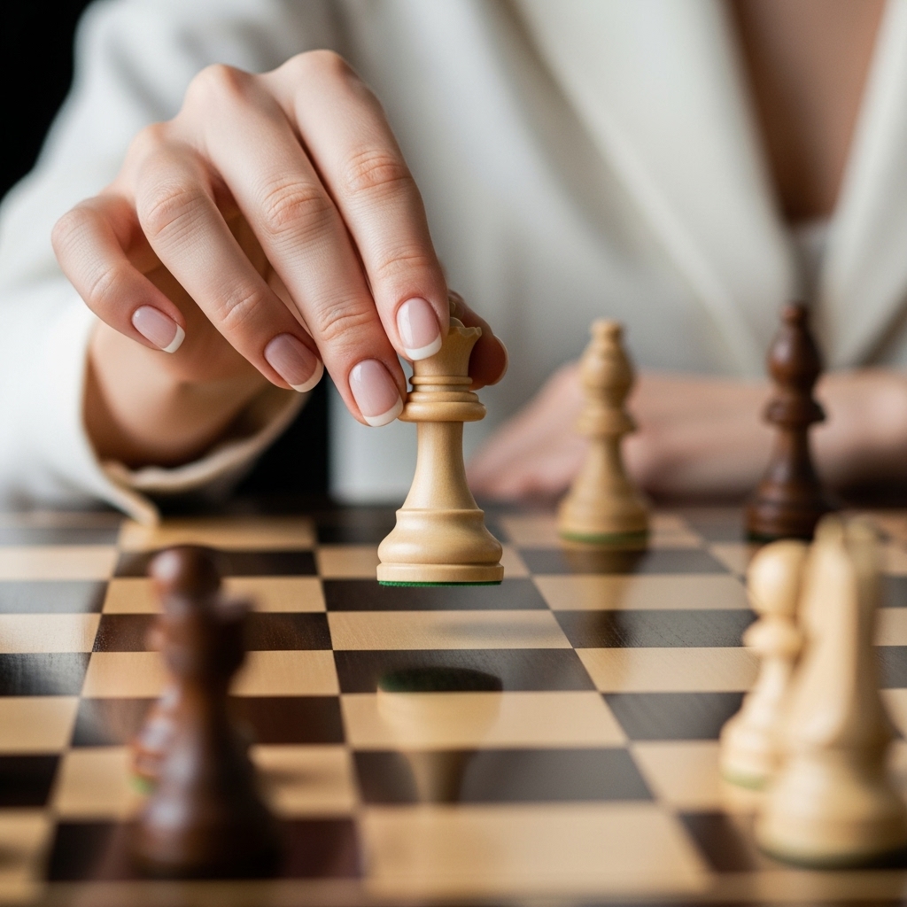 Hand with manicured nails moving a white queen chess piece on a chessboard.