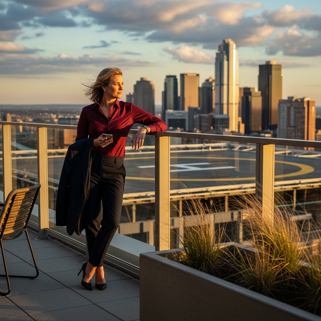 Professional woman in a burgundy blouse and black pants stands on a rooftop terrace holding a phone, looking at the city skyline at sunset.