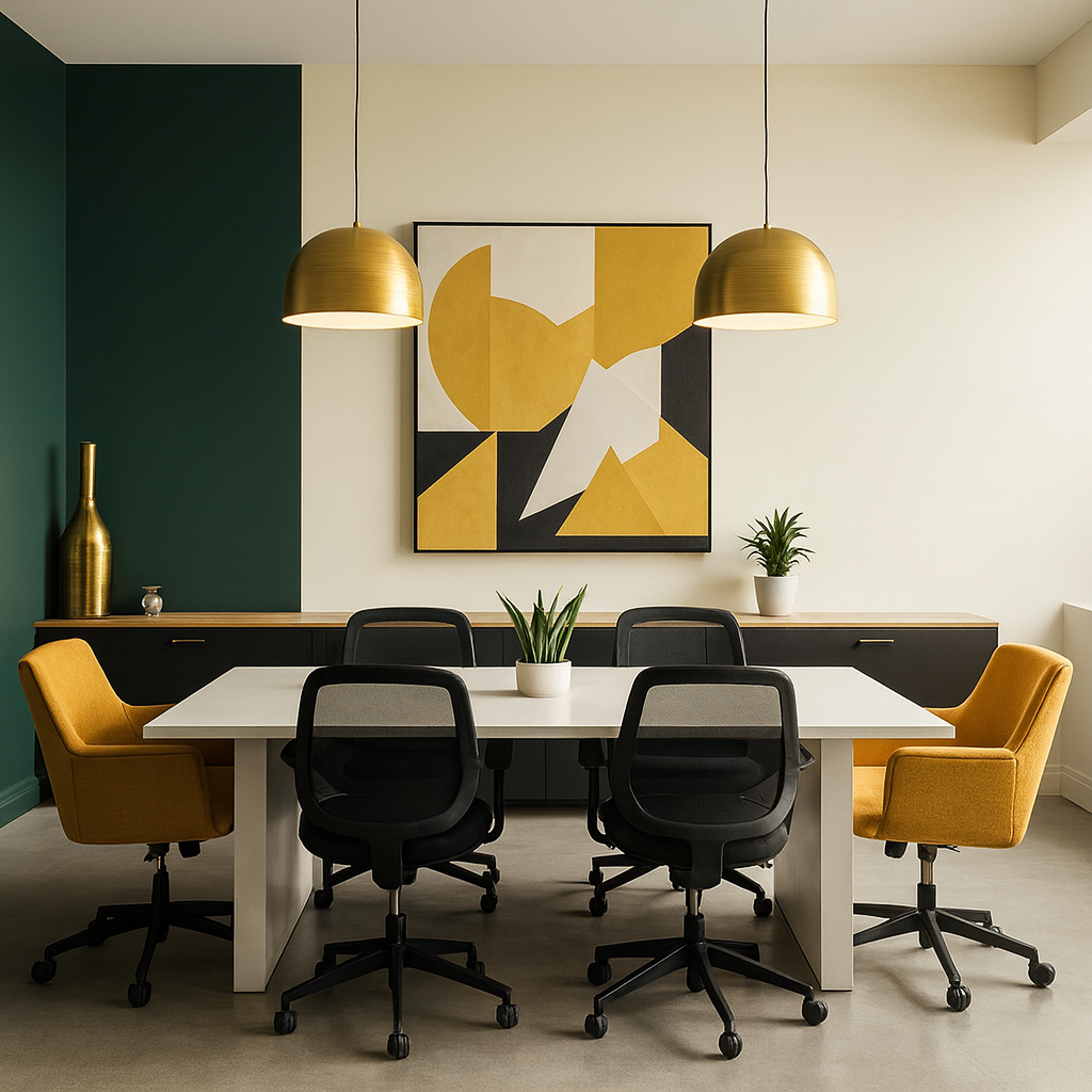 Modern conference room with a white table, black office chairs, and mustard-yellow accent chairs. The room features deep green and cream walls, gold pendant lights, geometric wall art in yellow and black, and plants on a minimalist sideboard.