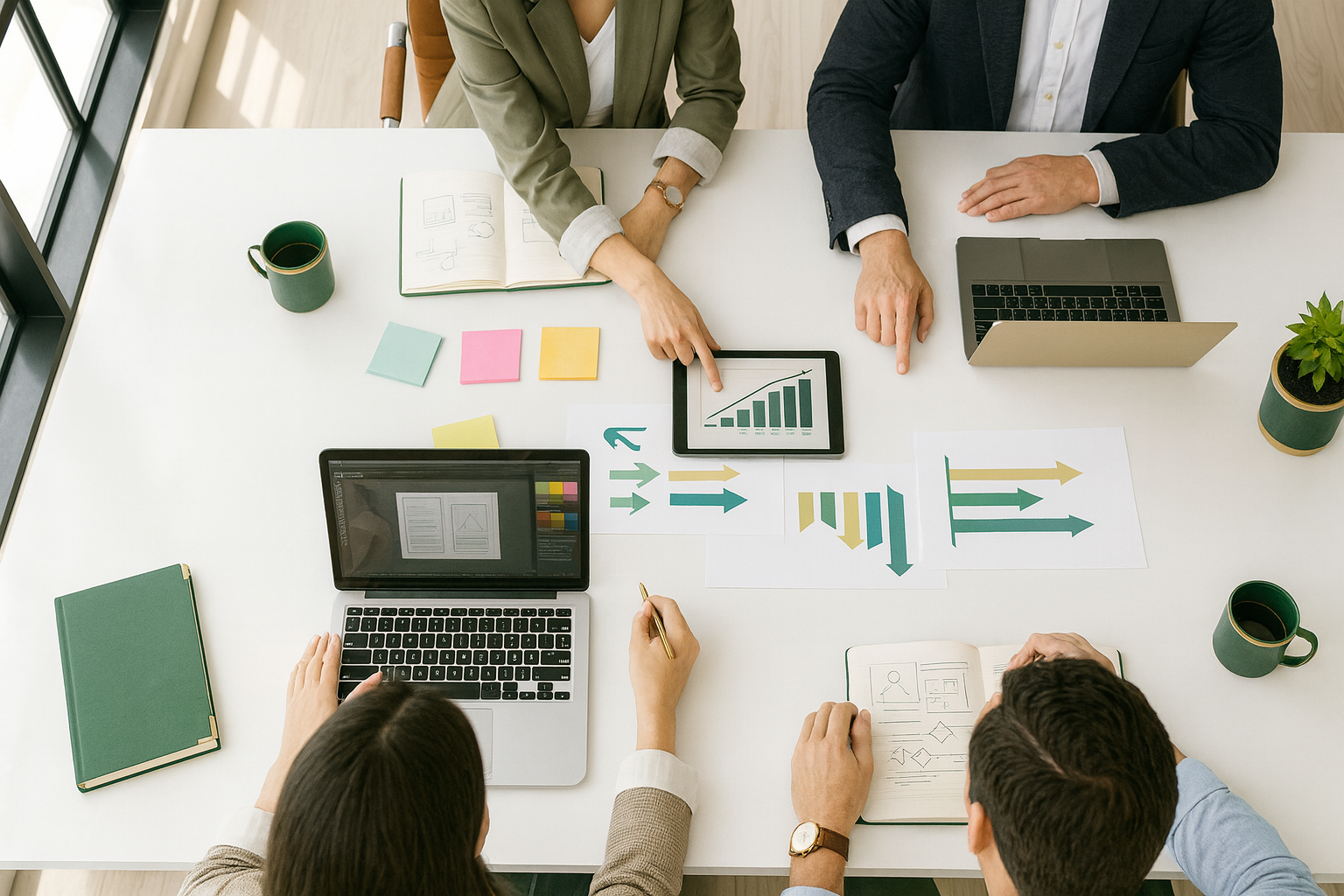 Overhead view of four professionals collaborating at a white table with laptops, tablets, notebooks, colorful sticky notes, and printed charts. Two people point at a tablet displaying a bar graph while others sketch ideas and review analytics in a bright, modern office.