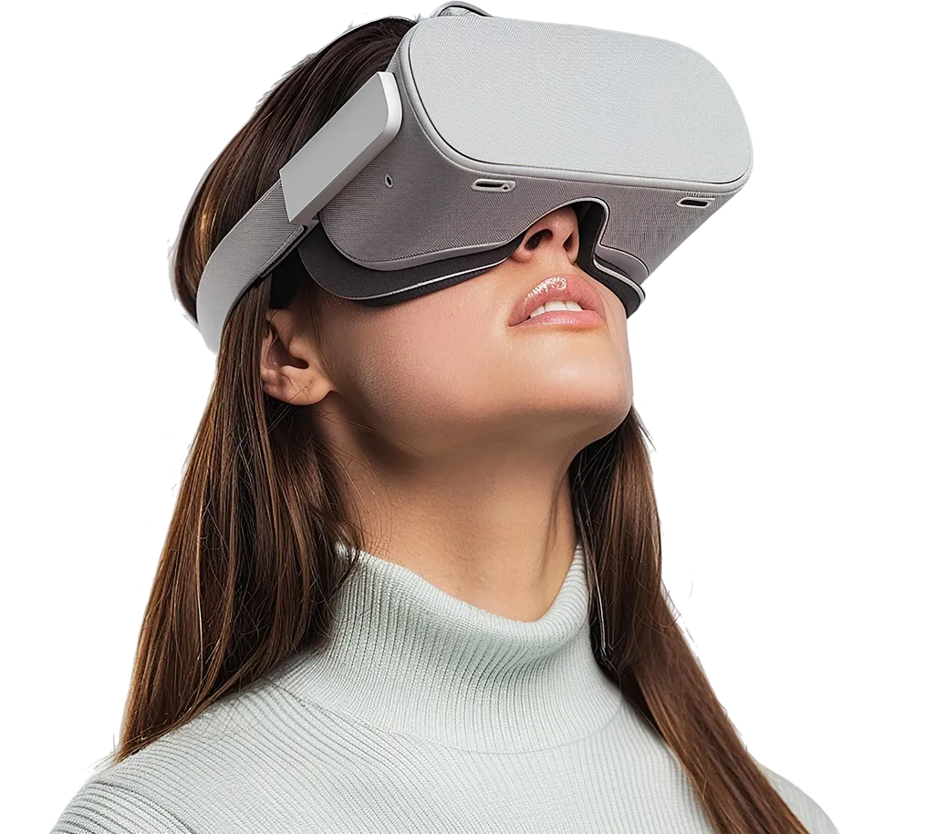 Frau trägt eine graue Virtual-Reality-Brille und blickt nach oben.