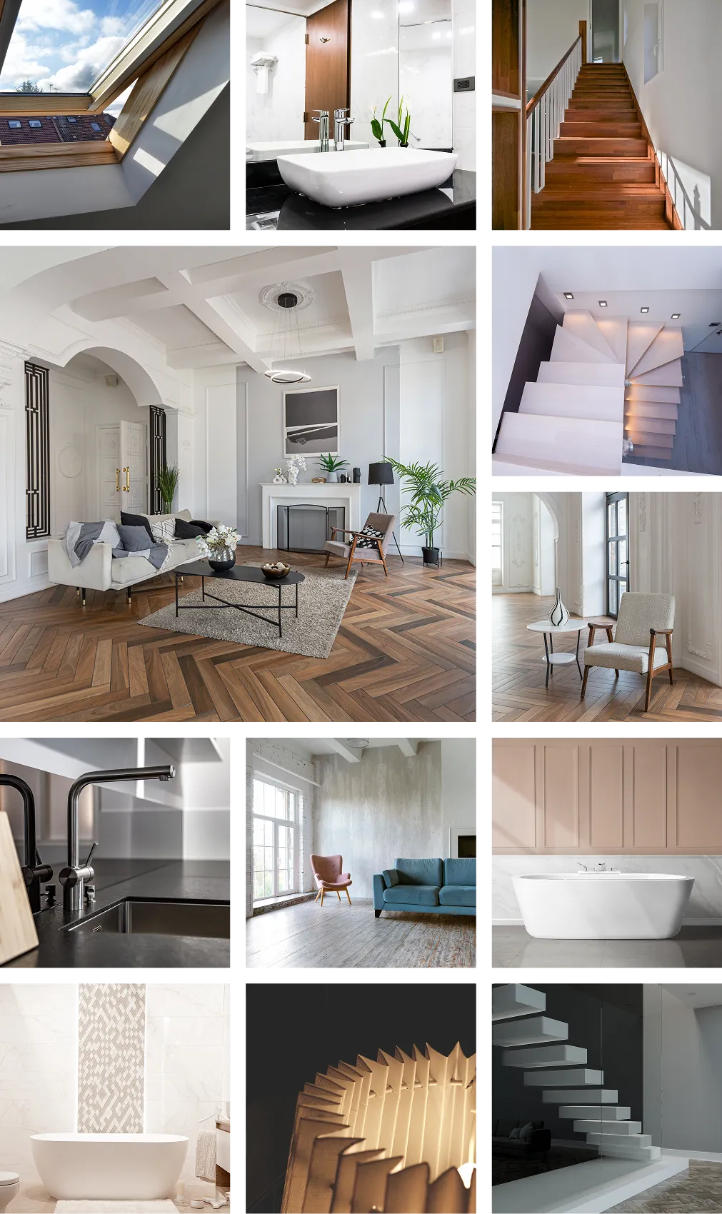 Collage mit modernen und eleganten Inneneinrichtungen, darunter helle Wohnräume, Küchenarmaturen, Badewannen und verschiedene Treppen.