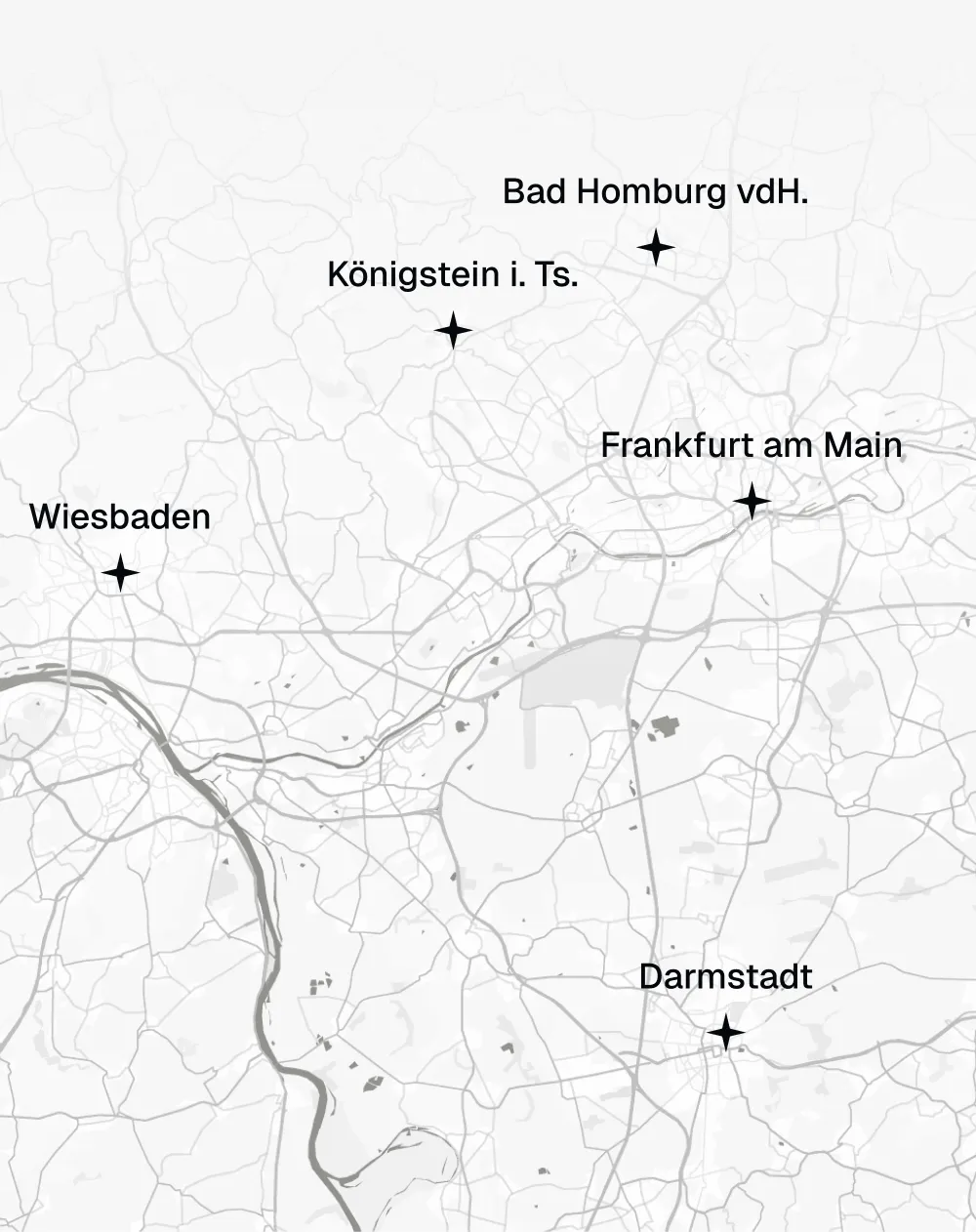 Karte mit Städten in Deutschland: Wiesbaden, Königstein i. Ts., Bad Homburg v.d.H., Frankfurt am Main und Darmstadt.