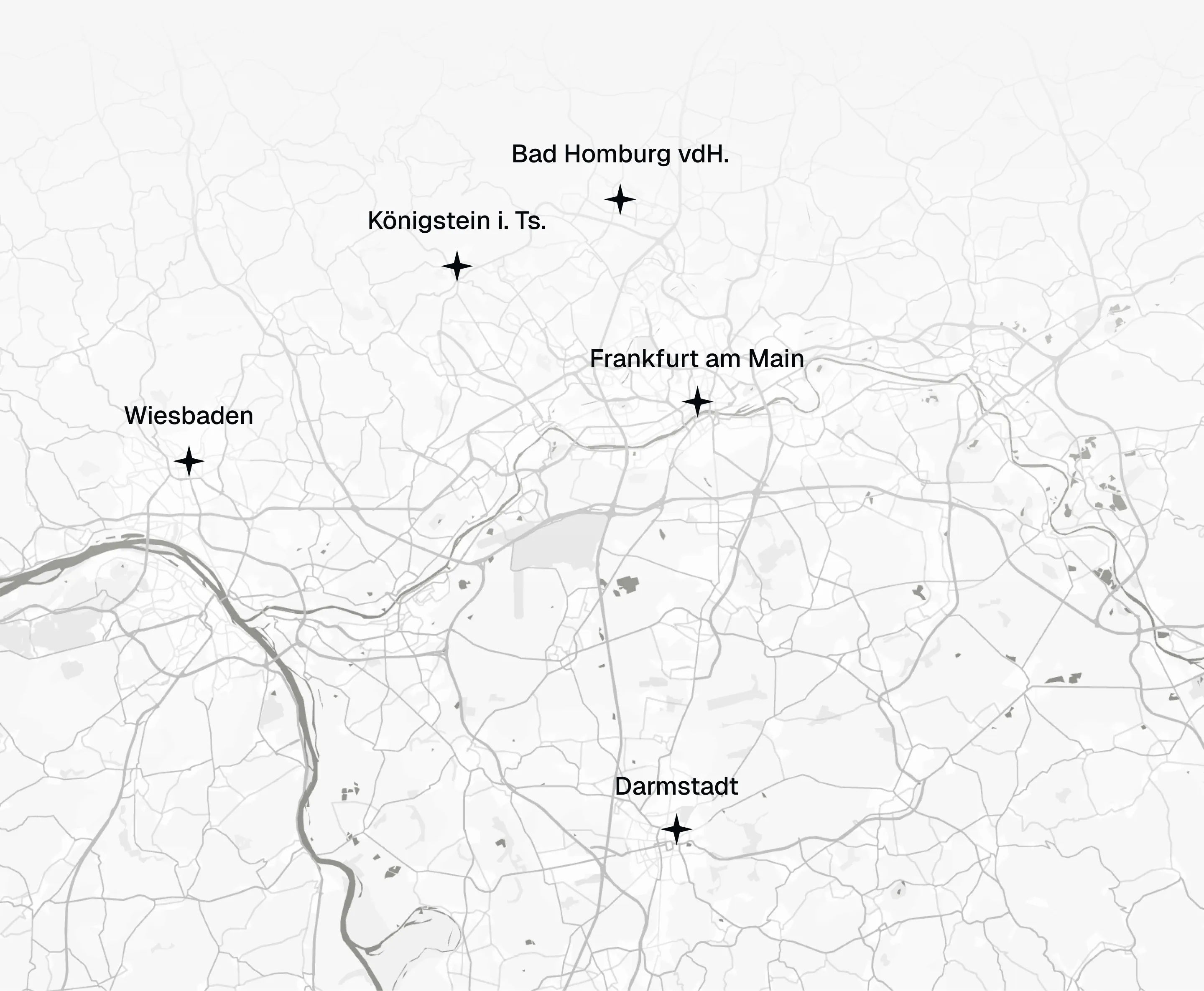 Karte mit den Städten Wiesbaden, Königstein i. Ts., Bad Homburg v.d.H., Frankfurt am Main und Darmstadt in Deutschland.