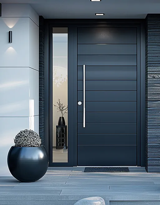 Moderner Hauseingang mit schwarzer Holztür, seitlichem Glasfenster, Topfpflanze und minimalistischem Beleuchtungskörper.