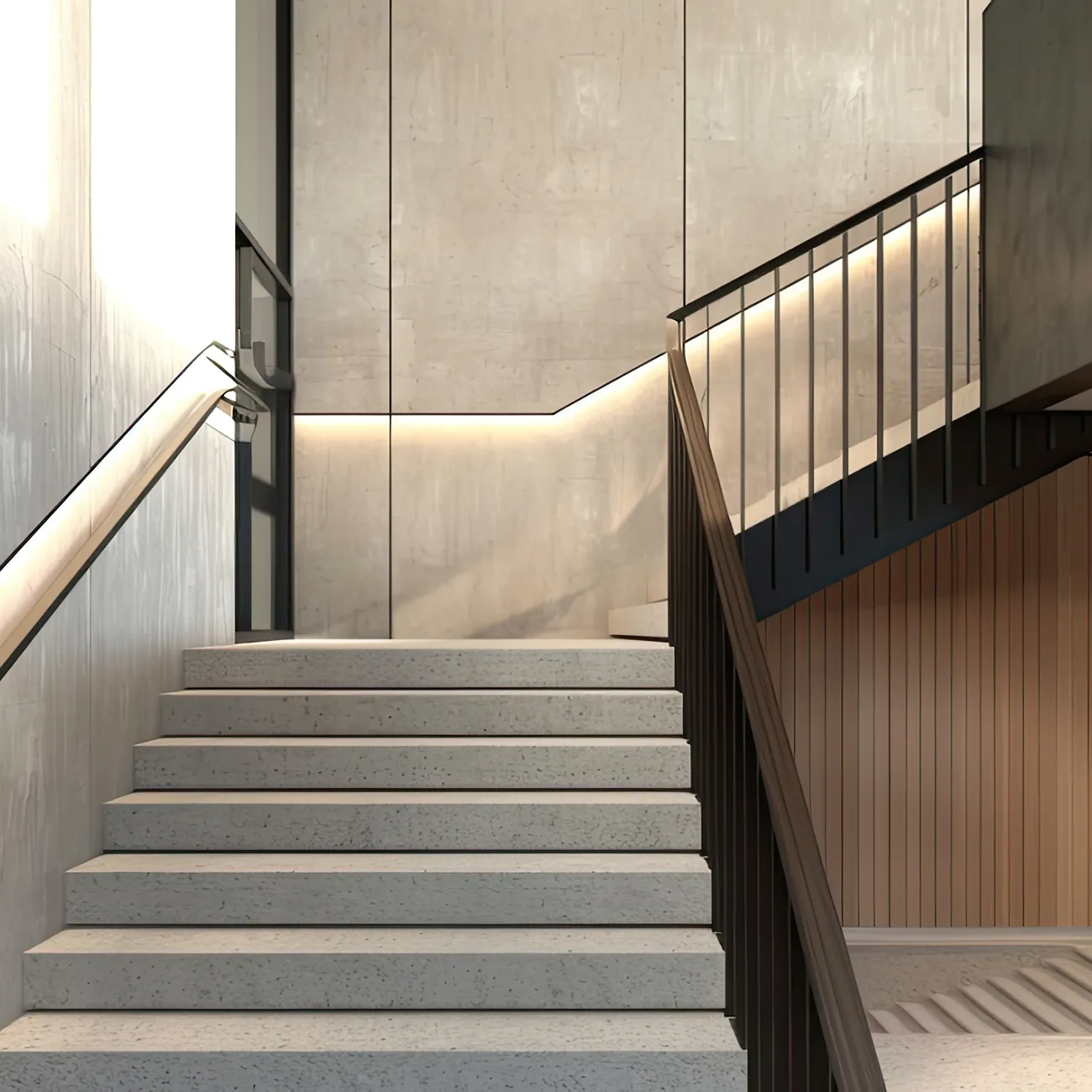 Moderner Innenraum mit hellen Treppen aus Beton, schwarzem Treppengeländer und warmen Wandbeleuchtungen.