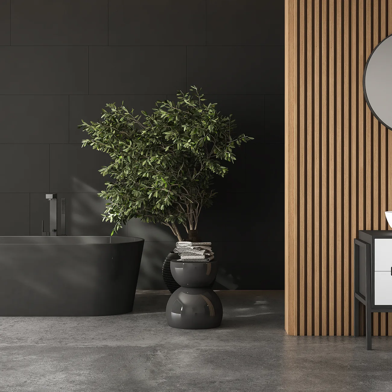 Modern Badezimmer mit schwarzer Badewanne, großem grünem Pflanzenarrangement auf grauem Hocker und Holzvertäfelung mit rundem Spiegel.
