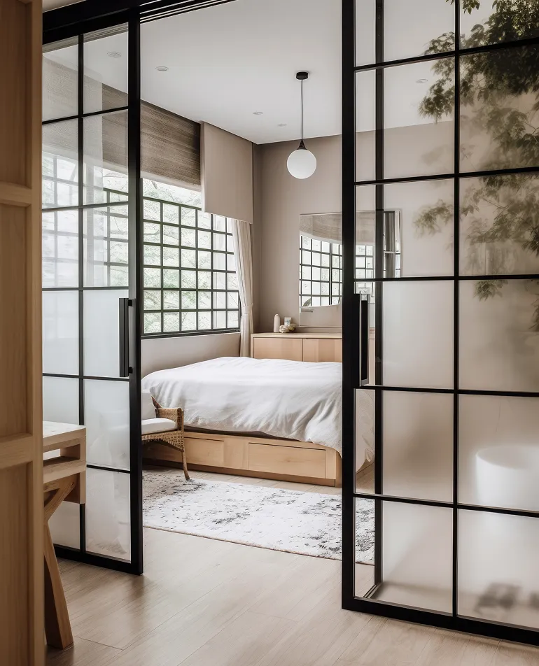 Modernes Schlafzimmer mit einem Bett mit weißer Bettwäsche, Holzkommode, Rattanstuhl und Glas-Schiebetüren mit schwarzen Rahmen.