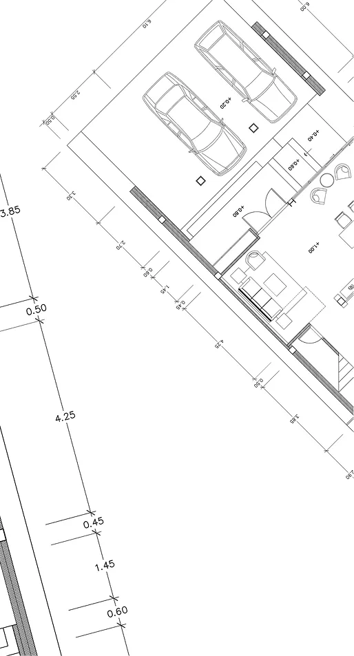 Technische Zeichnung eines Hausgrundrisses mit zweistelliger Garage, Wohnzimmer und Möbeln mit Maßangaben.