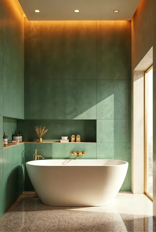 Modernes Badezimmer mit weißer freistehender Badewanne, grünen Fliesenwänden und warmem Deckenlicht.