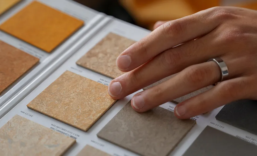 Hand mit silbernem Ring tastet Farbmusterplatten in verschiedenen Sand- und Grautönen auf einer Farbkartenmappe ab.