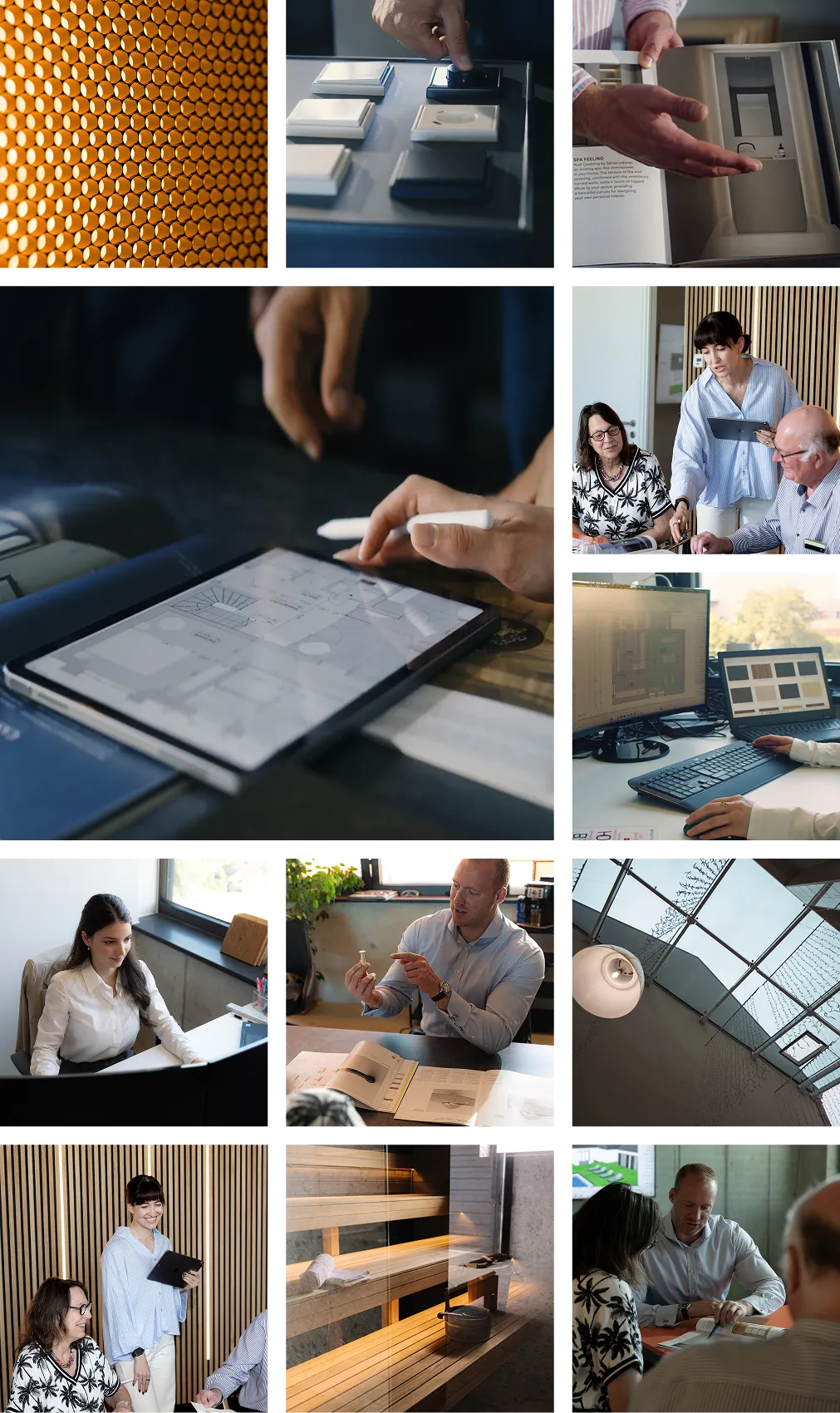 Collage mit Bildern von Personen bei Besprechungen, Arbeiten am Computer und der Nutzung von Tablets sowie Detailansichten von Architektur und Sauna.