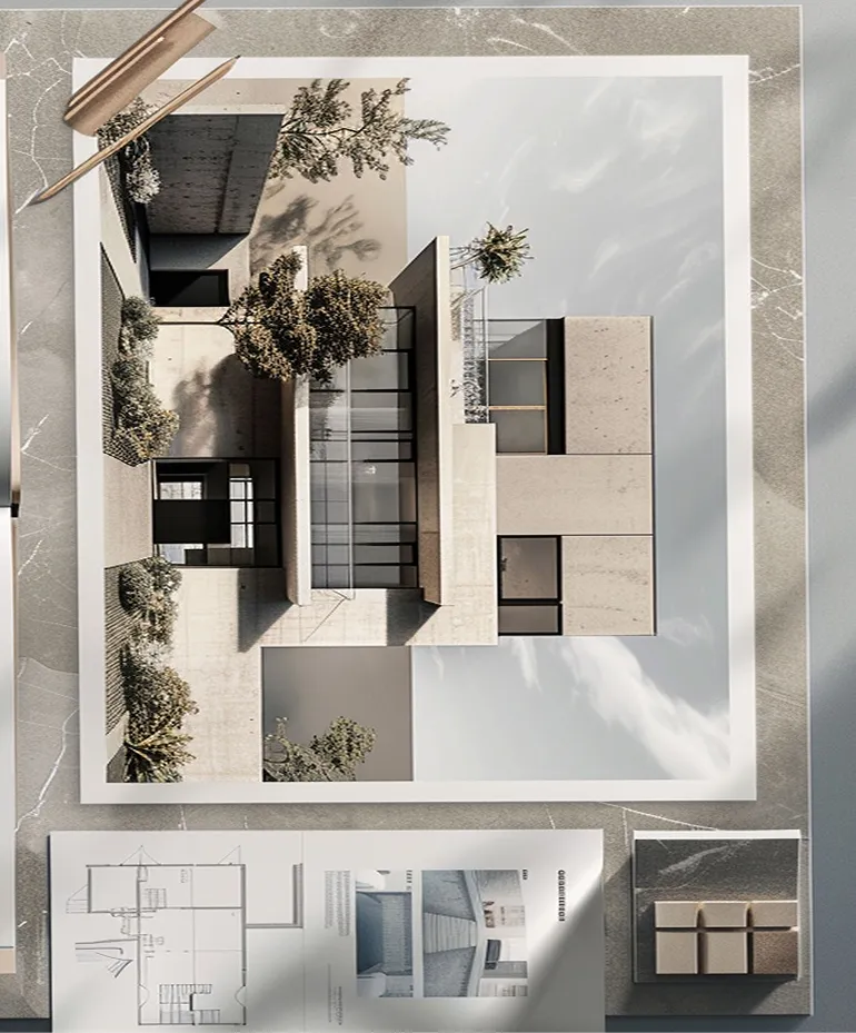 Moderner Architekturentwurf eines zweistöckigen Hauses mit großen Glasflächen und Bäumen drumherum, dargestellt auf einem Tisch mit Zeichnungen und Modellen.