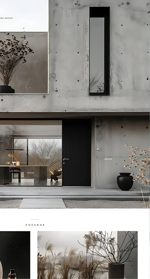 Moderner Wohnhaus-Eingang mit schwarzer Tür, großen Fensterfronten, grauen Betonwänden und dekorativen Vasen mit Trockenblumen.