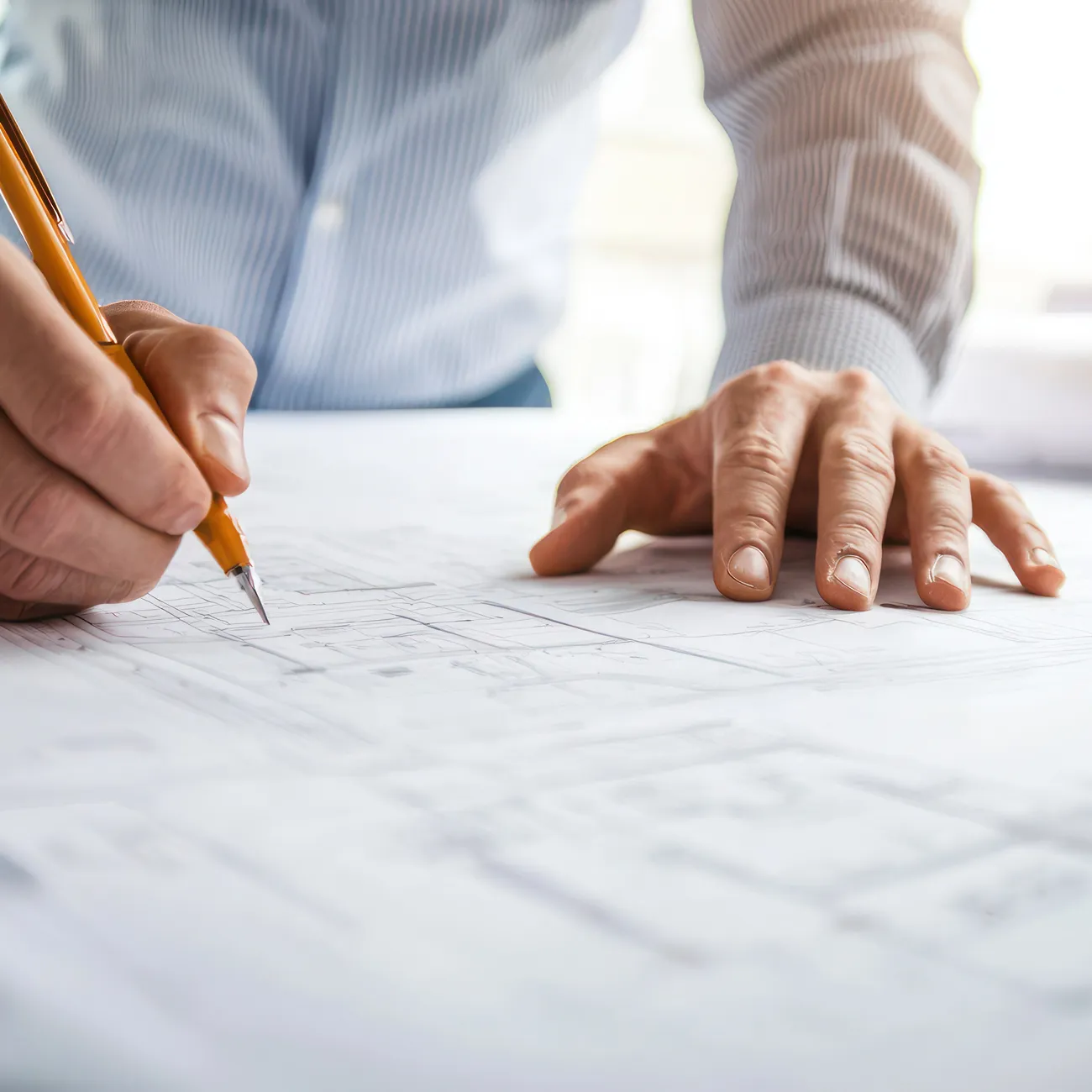 Person im gestreiften Hemd zeichnet mit einem Stift auf einem Architekturplan.