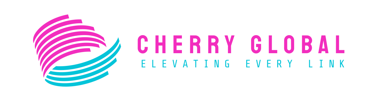 Cherry Global logo with pink and blue curved lines forming a globe shape, accompanied by the text 'CHERRY GLOBAL' in pink and 'ELEVATING EVERY LINK' in blue.