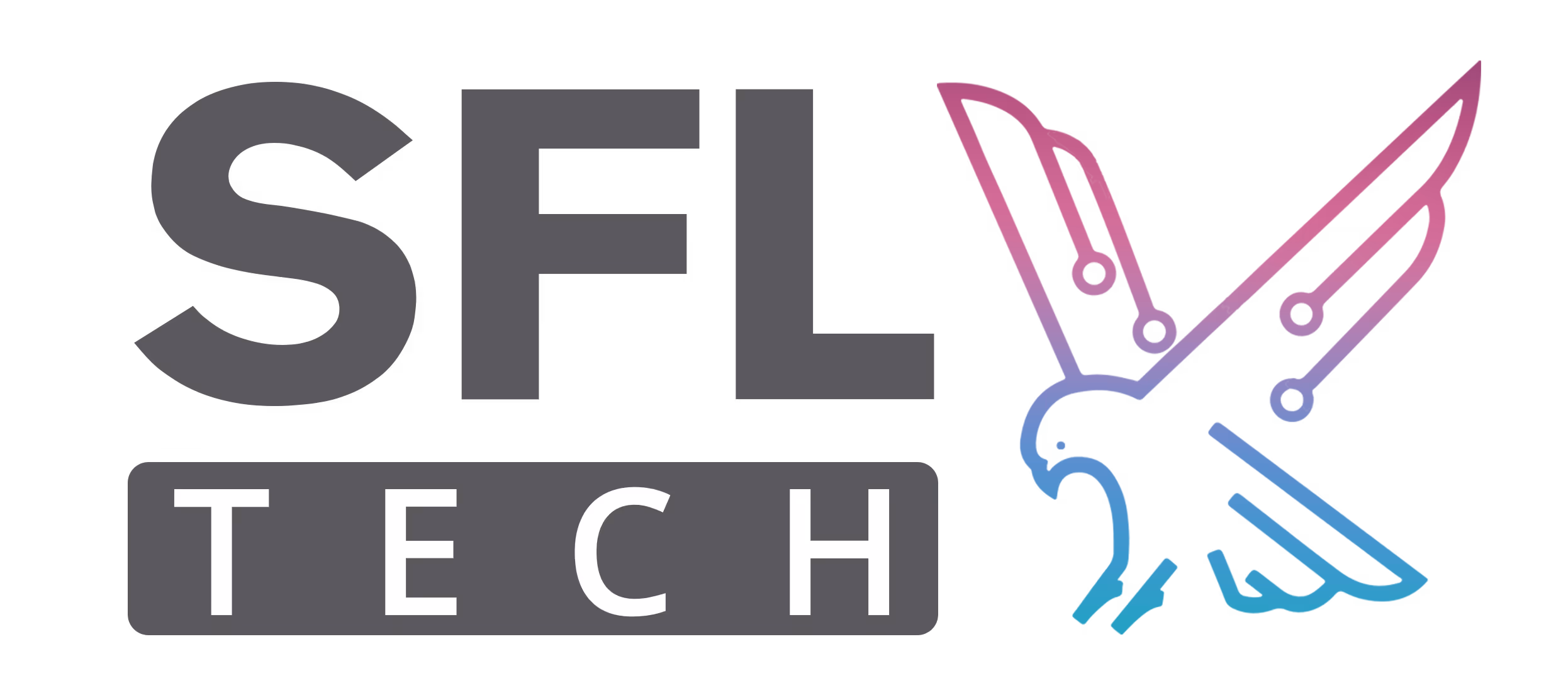 SFL TECH logo with large gray letters 'SFL' above a gray rectangle containing white letters 'TECH' and a gradient geometric shape transitioning from pink to blue on the right.