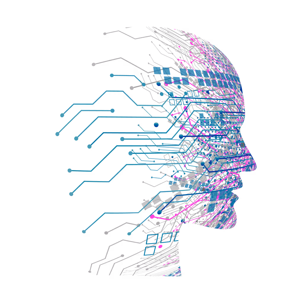 Side profile of a human face composed of interconnected digital circuit lines in blue, pink, and gray on a black background.