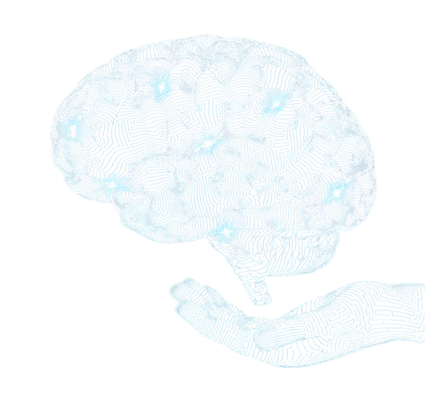 Digital illustration of a glowing brain composed of abstract fingerprint patterns floating above an open hand made of similar patterns.