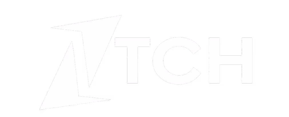 Logo featuring two white triangular shapes pointing towards the letters TCH on a black background.